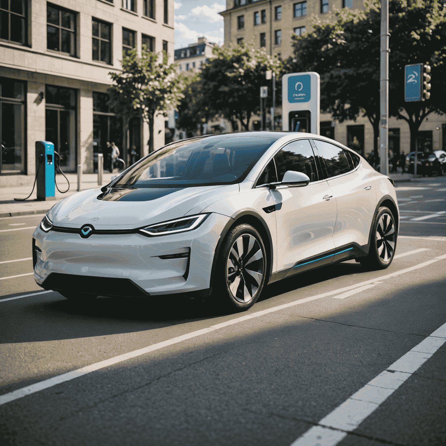 Een moderne elektrische auto op een laadstation, met geavanceerde technologie zichtbaar in het interieur en exterieur. De auto heeft een gestroomlijnd ontwerp en is omgeven door een futuristische stedelijke omgeving.