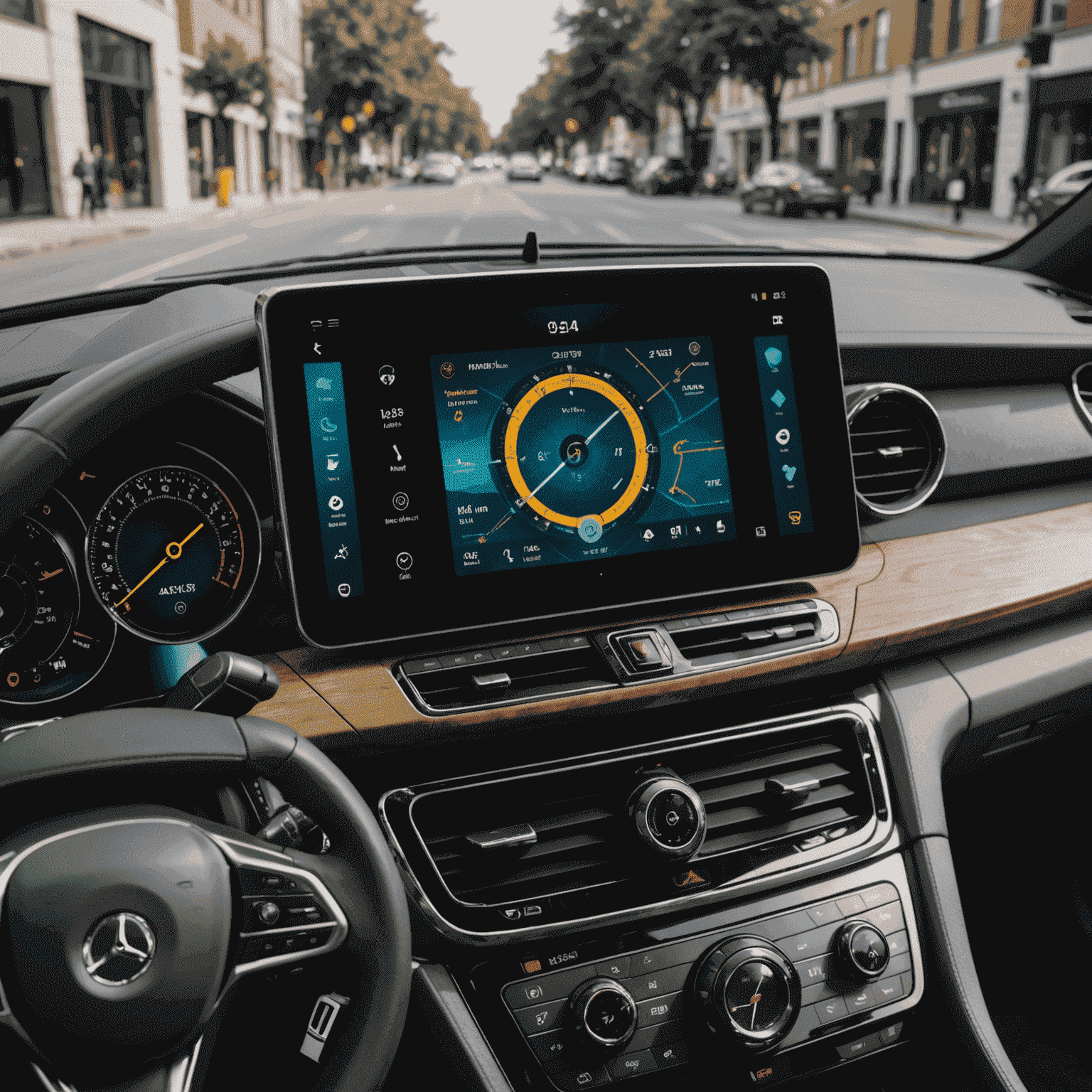 Een moderne auto-cockpit met een groot touchscreen display dat verschillende slimme functies toont, zoals navigatie, stemassistent en veiligheidsalarmen