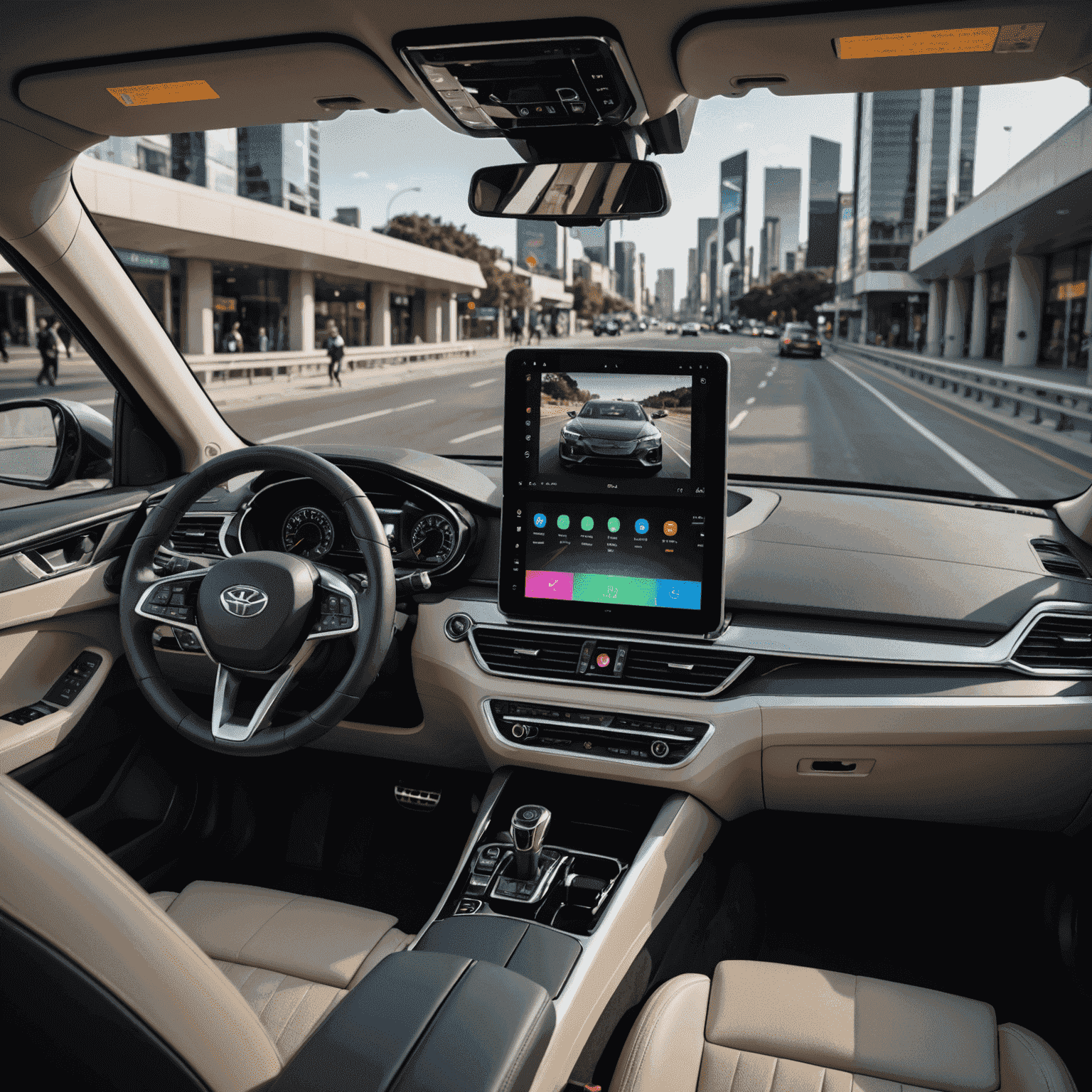 Een futuristisch dashboard van een auto met een groot touchscreen display dat verschillende entertainment opties toont, zoals streaming video, augmented reality navigatie en interactieve games voor passagiers