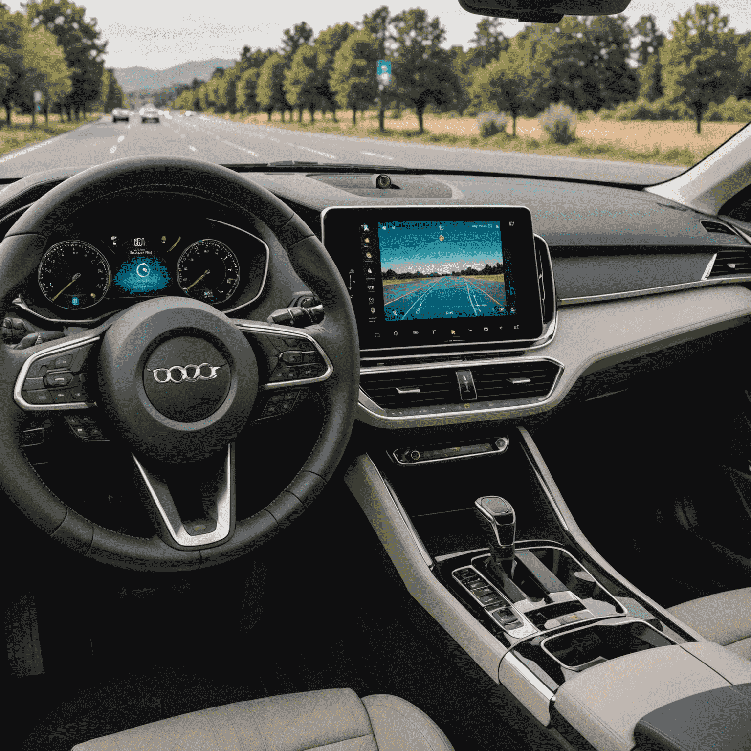 Het interieur van een moderne auto met een geavanceerd infotainmentsysteem, heads-up display en AI-gestuurde spraakassistent zichtbaar op het dashboard.