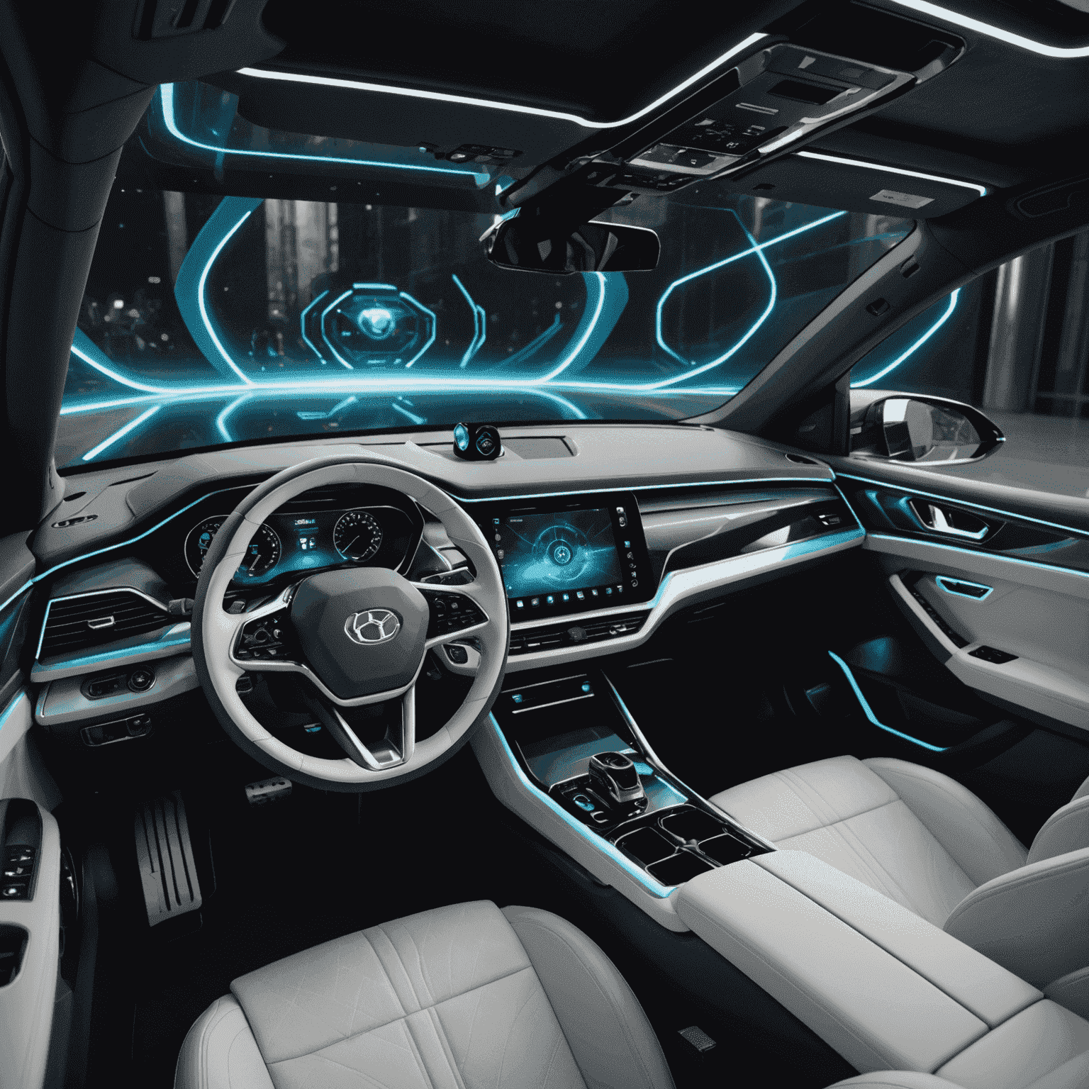 Een futuristisch auto-interieur met een holografisch display, spraakgestuurde bediening en geavanceerde veiligheidssensoren die de bestuurder en passagiers omringen.