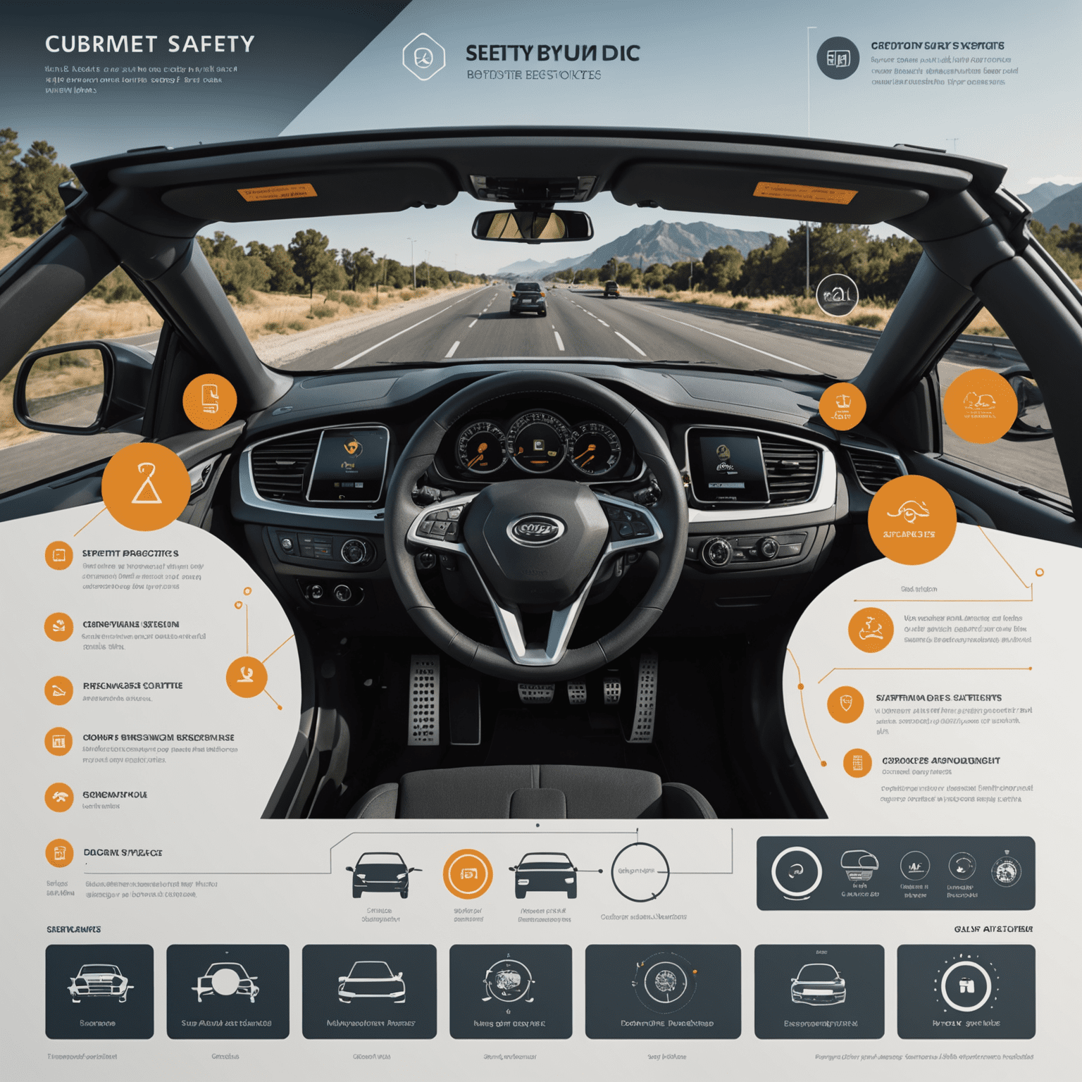 Infographic die verschillende veiligheidssystemen in een moderne auto illustreert, waaronder sensoren, camera's en radarsystemen