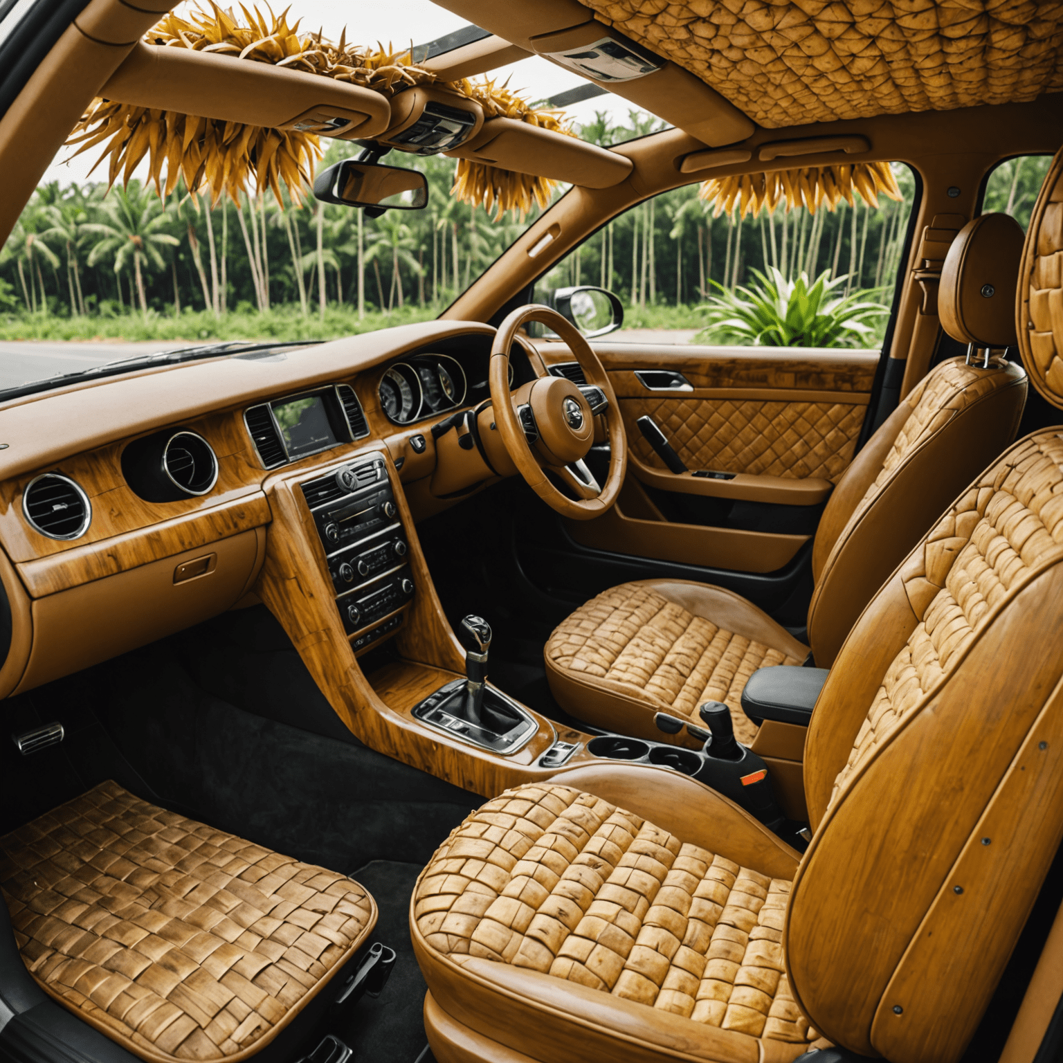 Close-up van een auto-interieur met stoelen gemaakt van ananasvezel en een dashboard van bamboehout