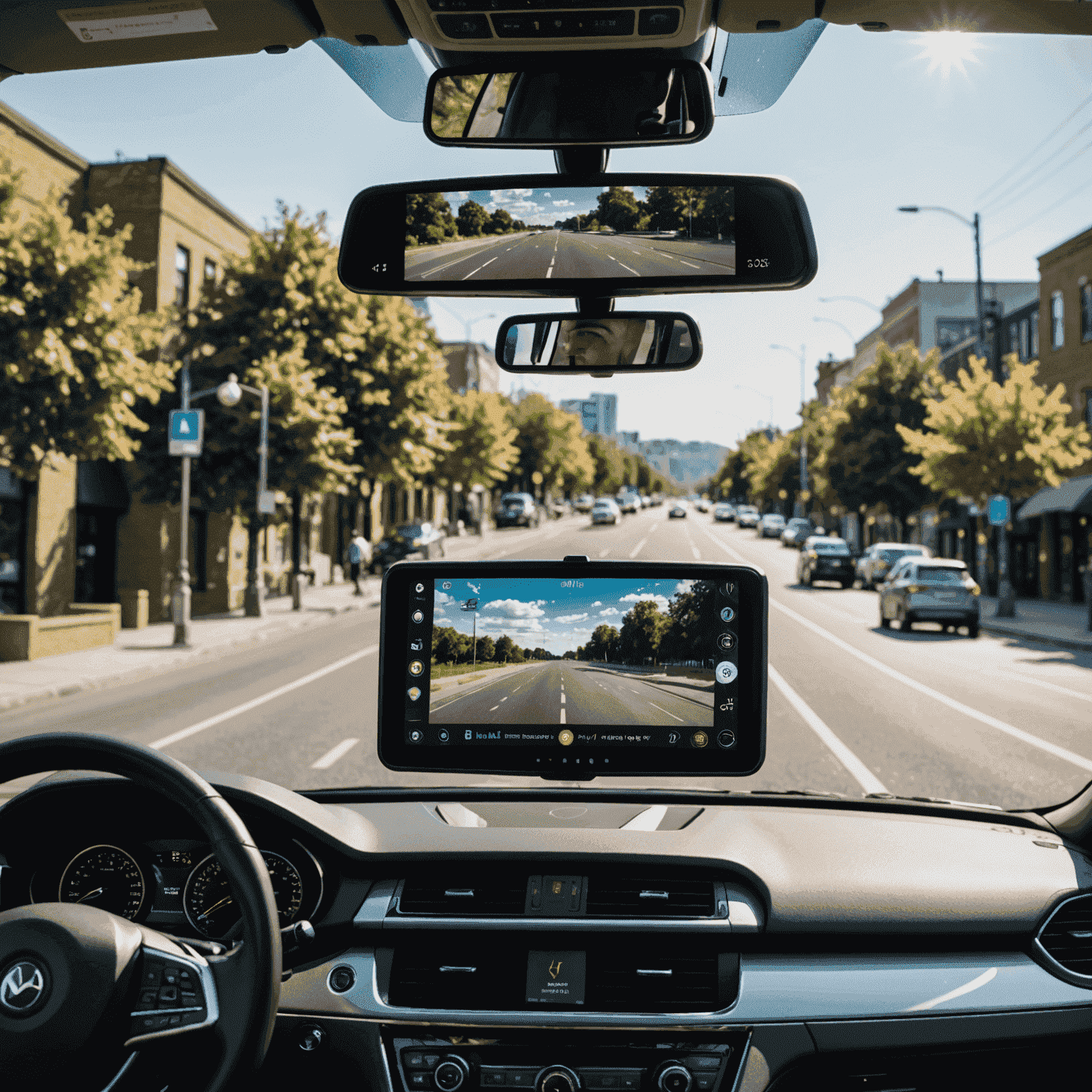 Een bestuurder die kijkt naar een augmented reality heads-up display op de voorruit van de auto, waarop navigatie-informatie en entertainment opties worden geprojecteerd