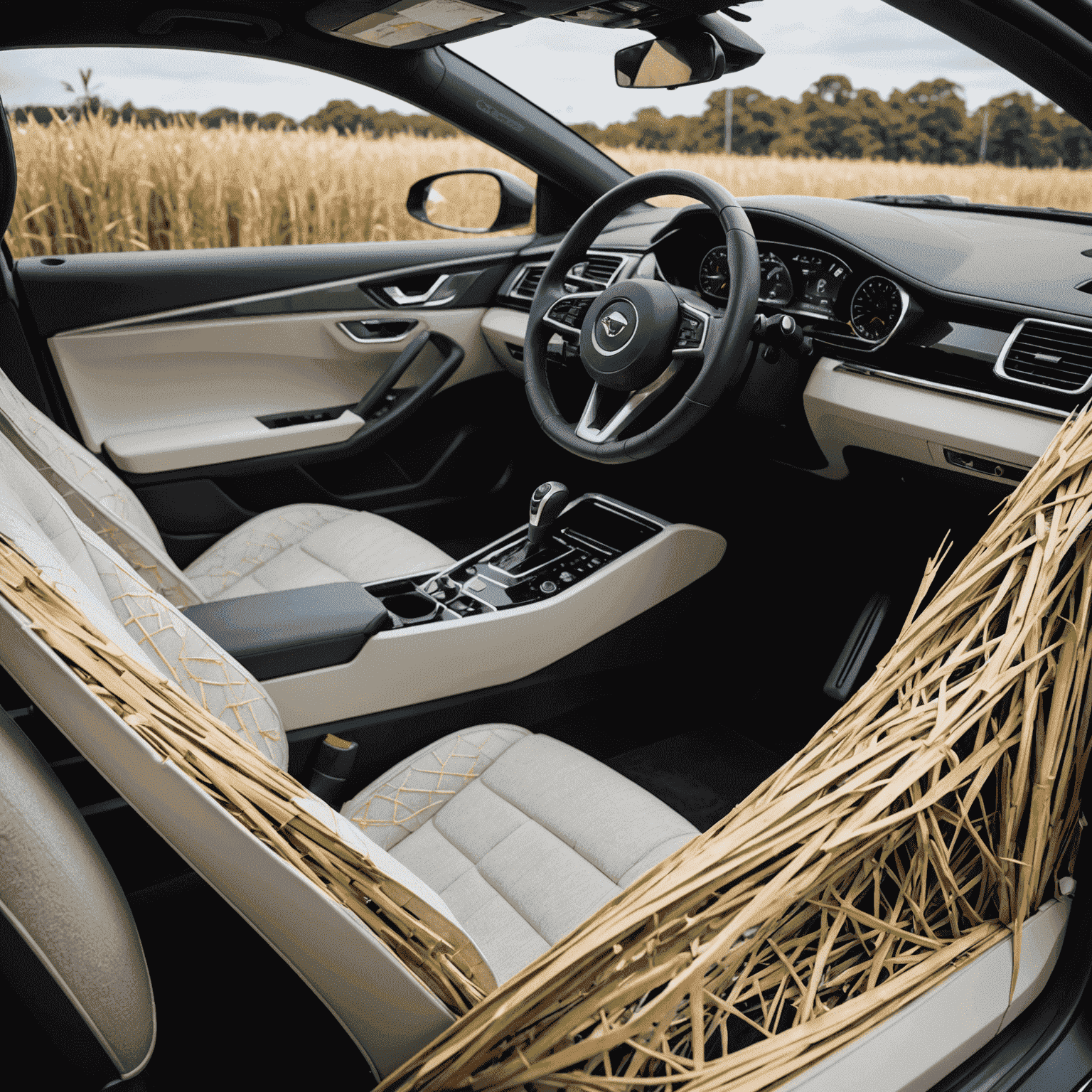 Close-up van verschillende duurzame materialen gebruikt in auto-interieurs, zoals gerecycled plastic, bamboe en natuurlijke vezels, getoond in een laboratoriumomgeving.