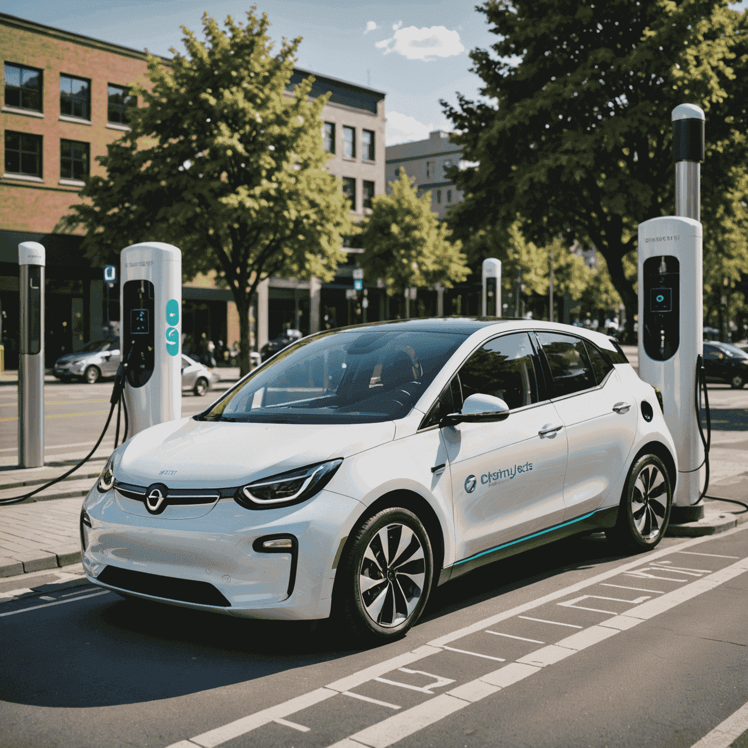 Een elektrische auto aangesloten op een slim laadstation, met een grafische overlay die energiestromen en efficiëntie weergeeft