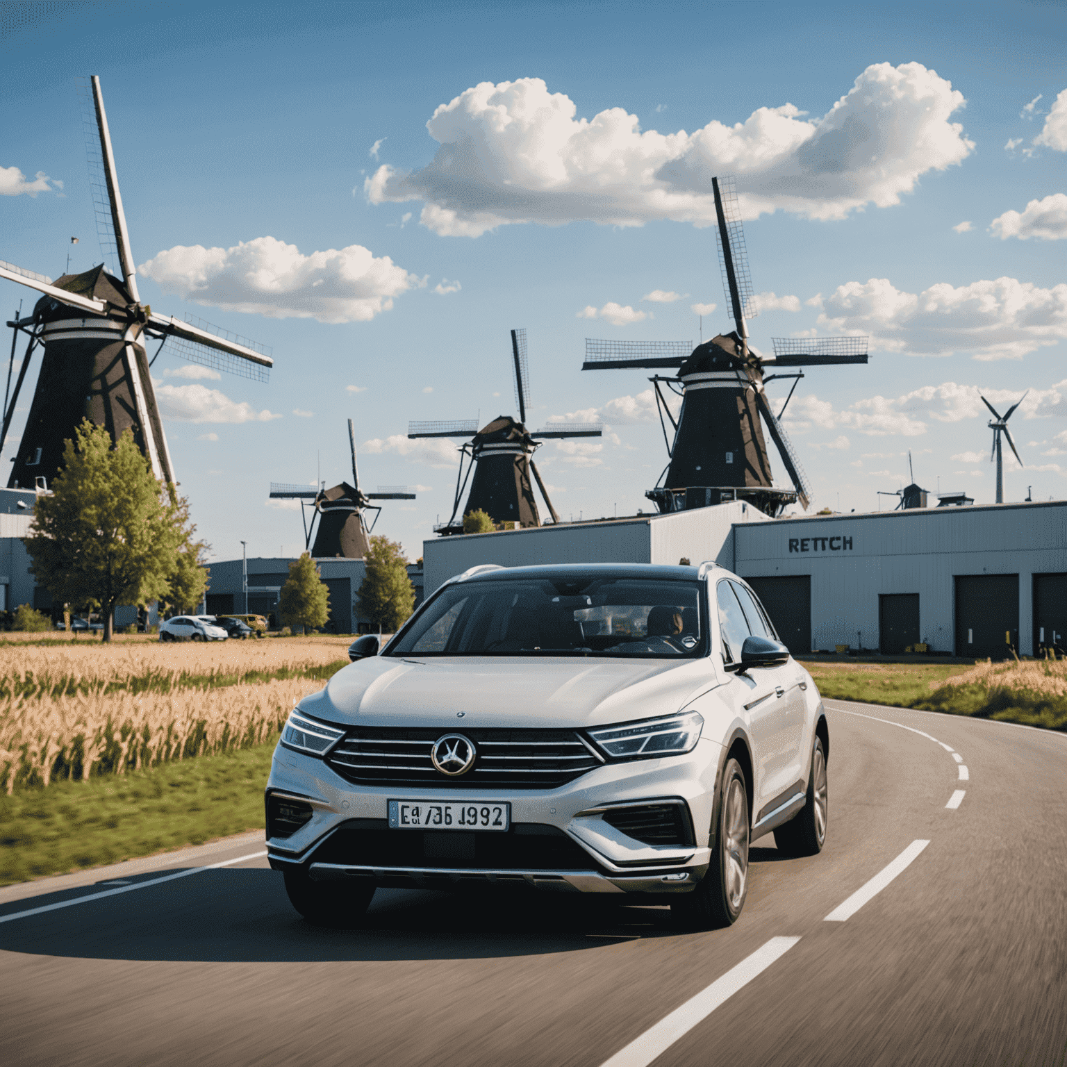 Een overzicht van de Nederlandse auto-industrie met iconische windmolens op de achtergrond, moderne autofabrieken en het RevTech_Dynamics kantoor prominent aanwezig.