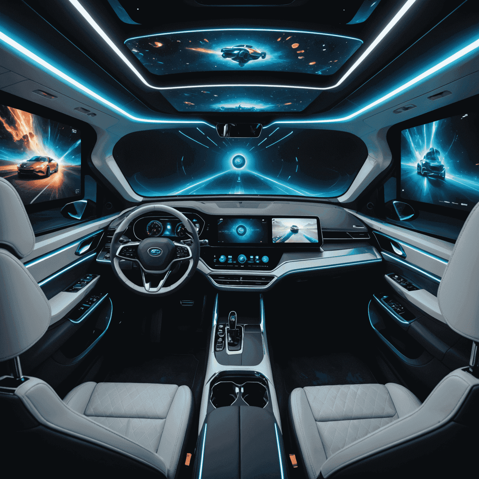 Futuristisch auto-interieur met grote interactieve schermen, holografische displays en passagiers die genieten van immersieve entertainment-ervaringen tijdens de rit.